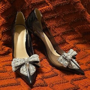 Black Stiletto Heels with Crystal Embellished Bow